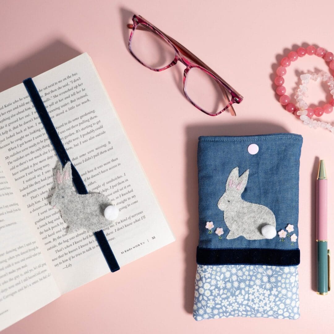 Rabbit bookmark shown with matching rabbit glasses case