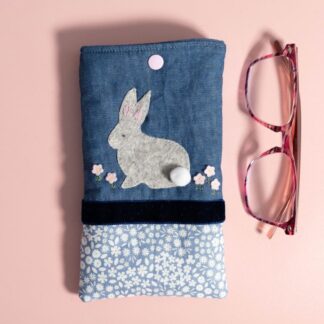 Denim and pretty fabric glasses case with a grey rabbit on the front