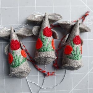 Handmade felt mouse with applique red tulips, group picture