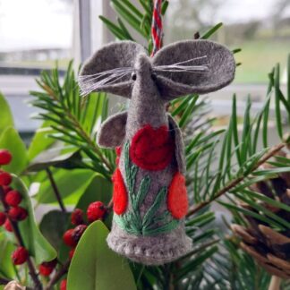 handmade felt mouse with red applique tulips