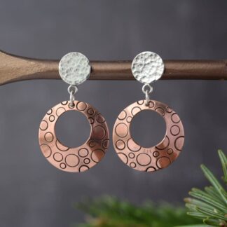 textured silver and copper dangle earrings