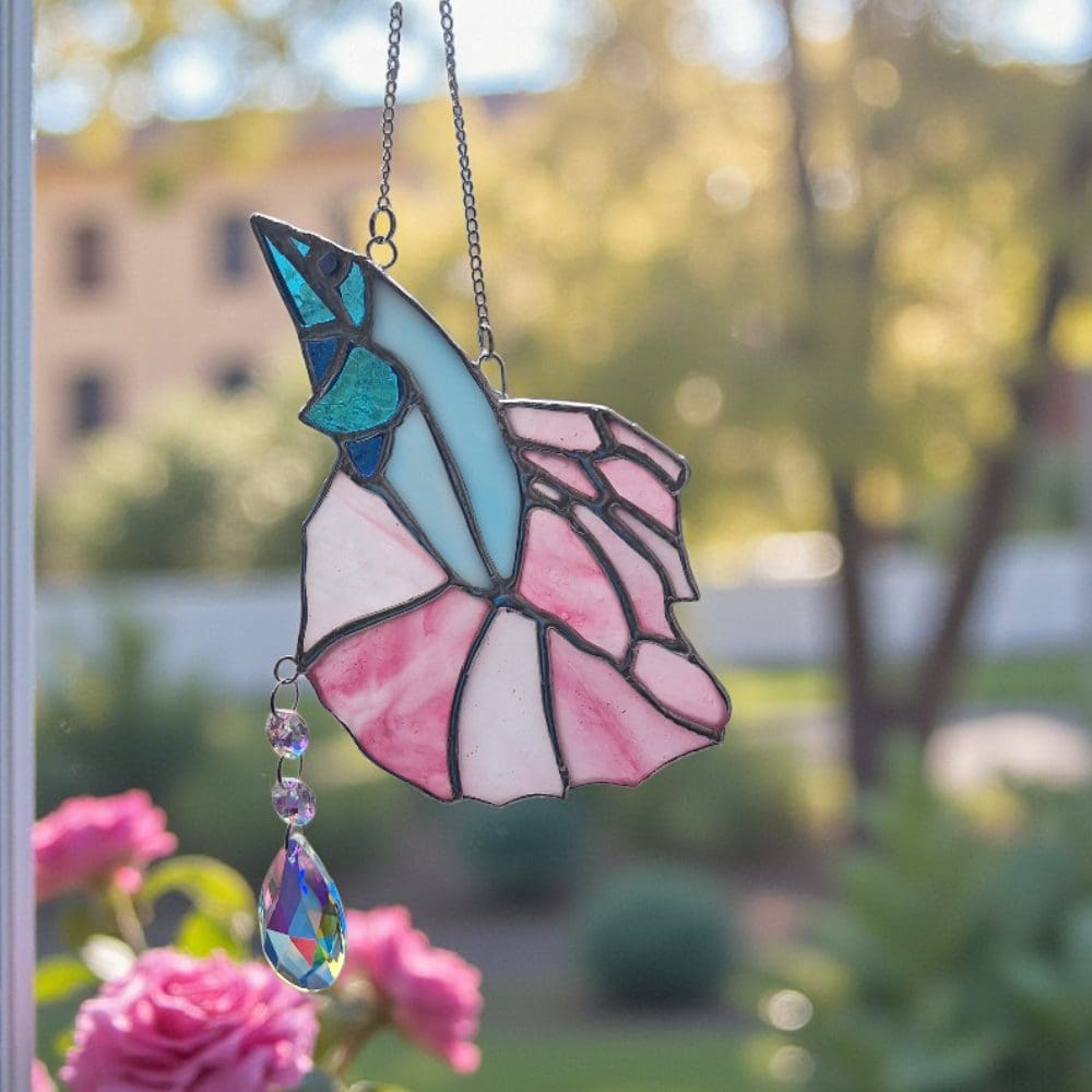 Whimsical stained glass fish window hanging with rainbow prism crystal, perfect for brightening rooms near aquariums