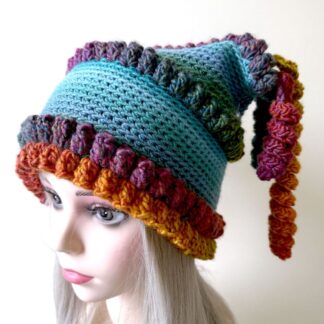 Teal and Rainbow beanie hat with tassels