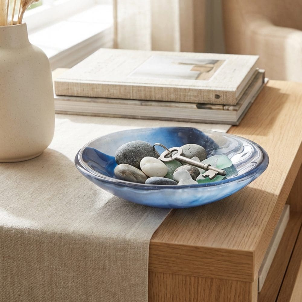 Blue marbled glass catchall dish styled in an entryway with keys and coins, handmade artisan piece.