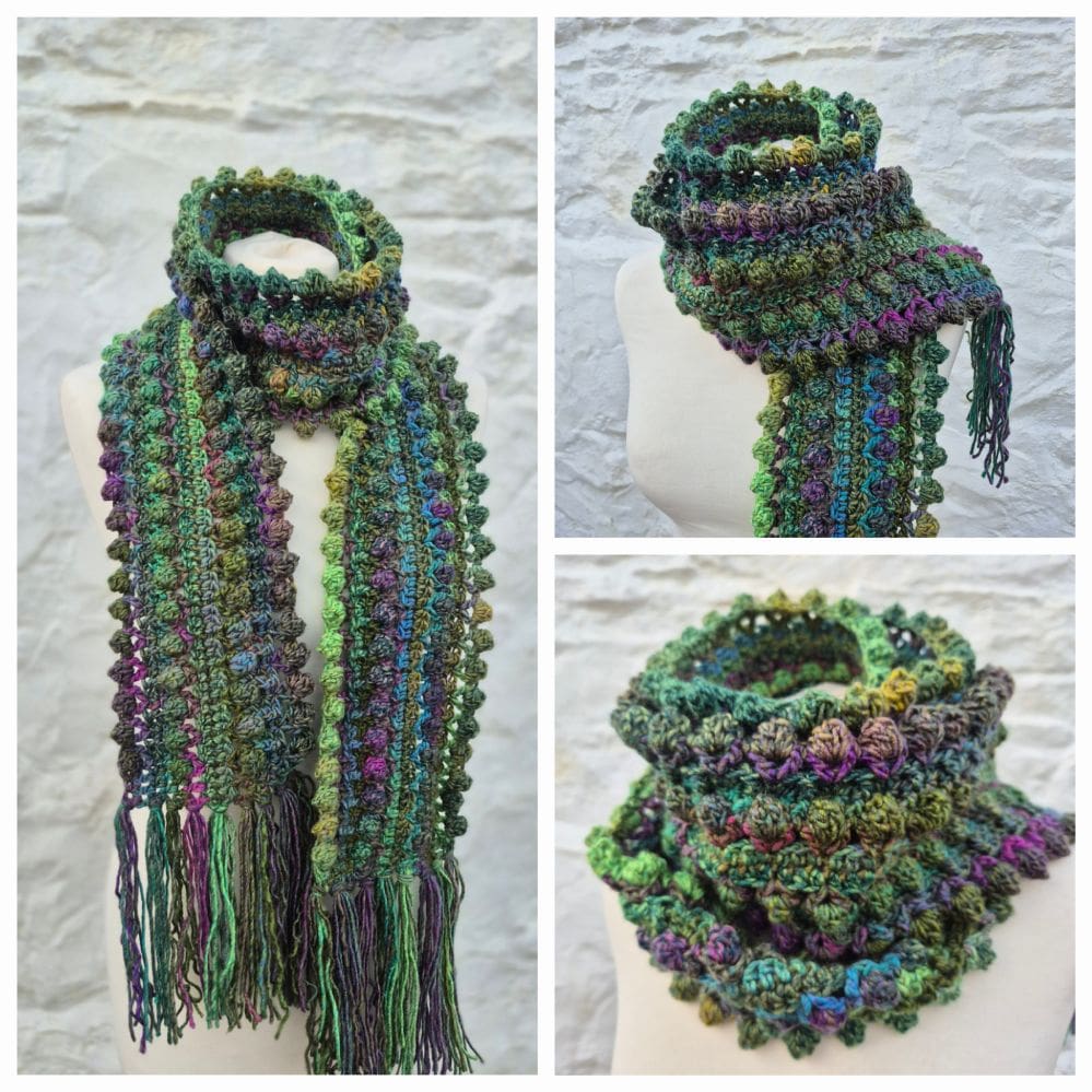 vibrant crocheted scarf purple green