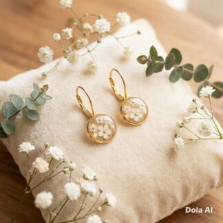Gold Plated White Flower Detailed Leverback Earrings