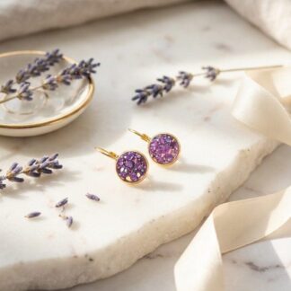 Gold Plated Purple Glitter Detailed Leverback Earrings
