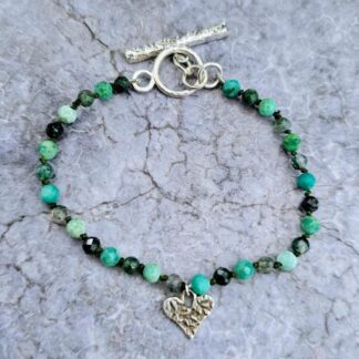 Turquoise and moss agate gemstone bead bracelet with etched silver heart and toggle clasp, Isobel Kelly Jewellery