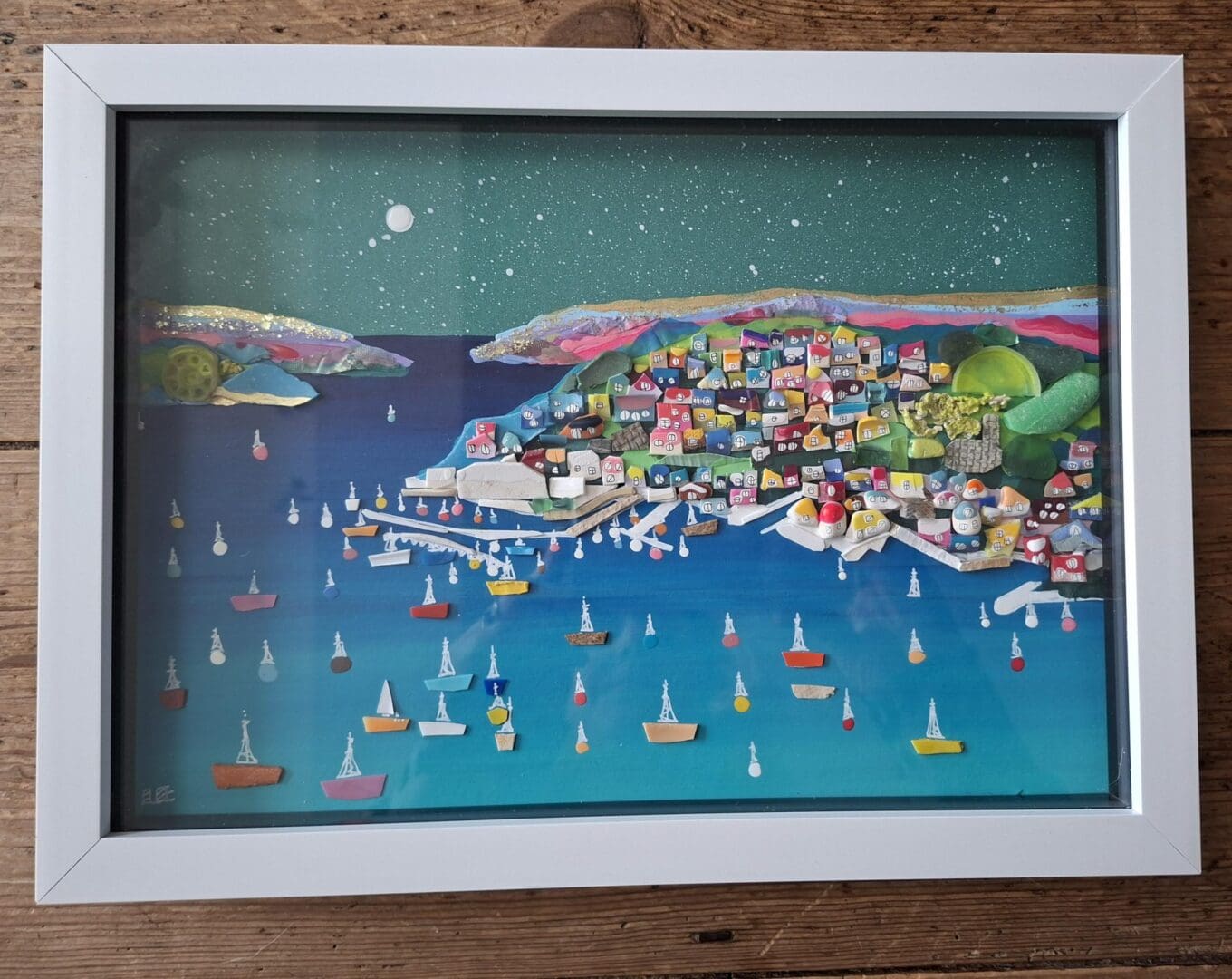 Beach clean art - coastal wall art made from sea glass pottery and rubbish (Salcombe night)