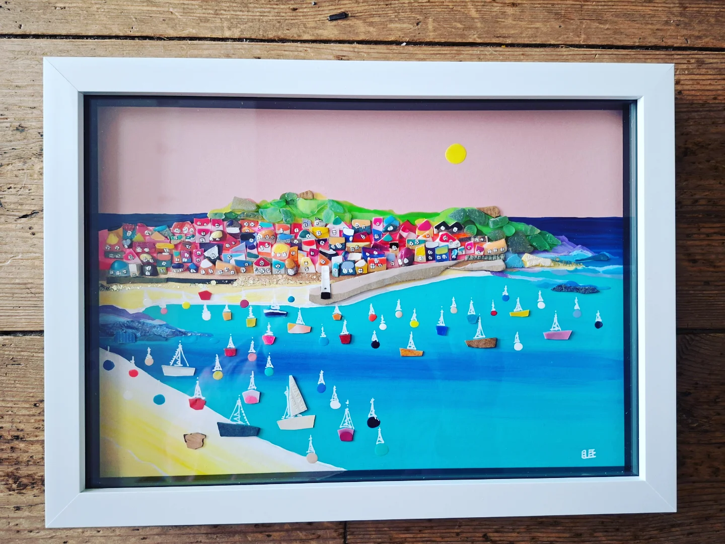 Beach clean art - coastal wall art made from sea glass pottery and rubbish (St Ives)