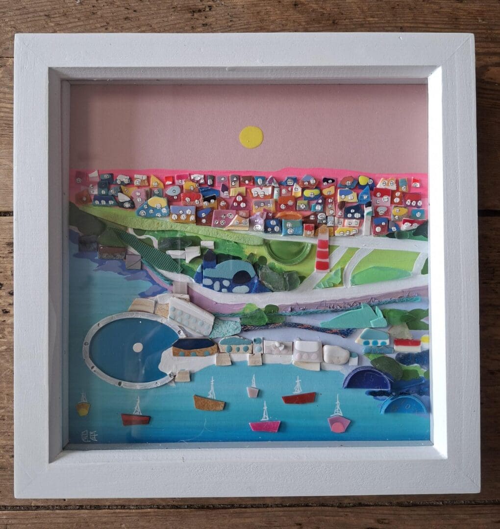 Beach clean art - coastal wall art made from sea glass pottery and rubbish (Plymouth Hoe)