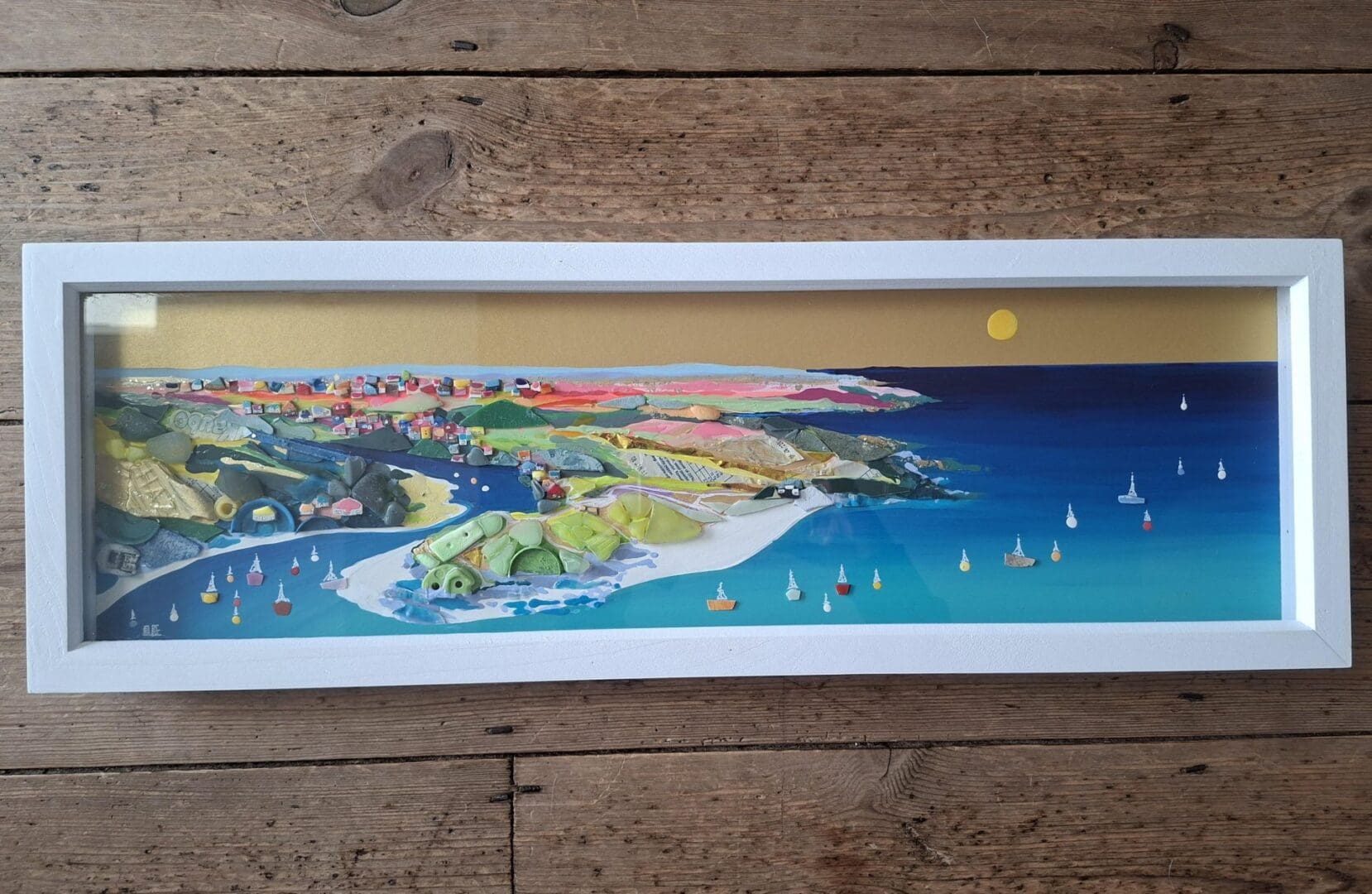 Beach clean art - coastal wall art made from sea glass pottery and rubbish (Bantham)