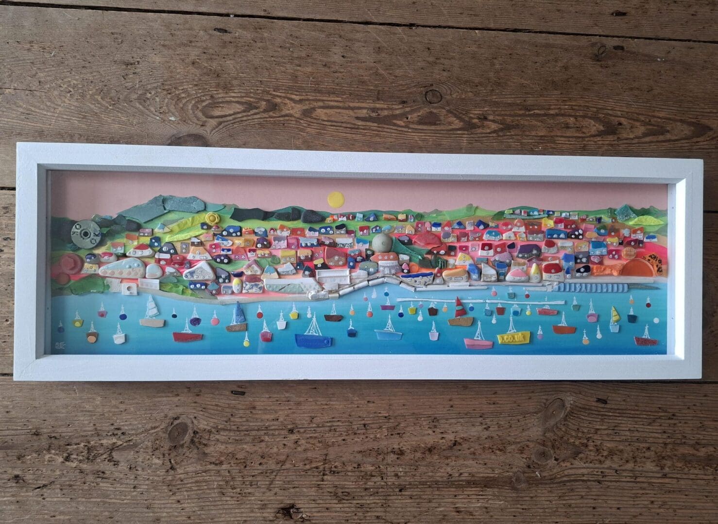 Beach clean art - coastal wall art made from sea glass pottery and rubbish (Salcombe)