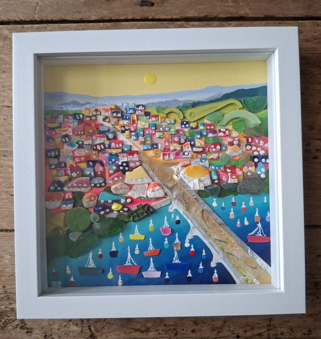 Beach clean art - coastal wall art made from sea glass pottery and rubbish (Totnes Bridge)