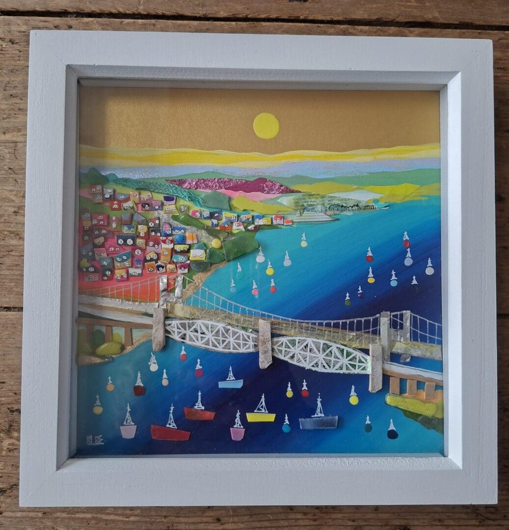 Beach clean art - coastal wall art made from sea glass pottery and rubbish (Tamar Bridge)