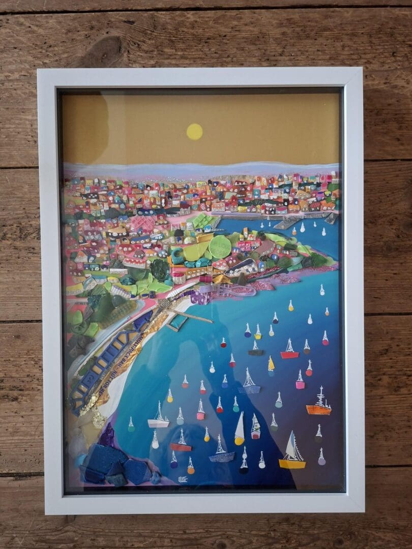 Beach clean art - coastal wall art made from sea glass pottery and rubbish (Firestyone Bay Plymouth)