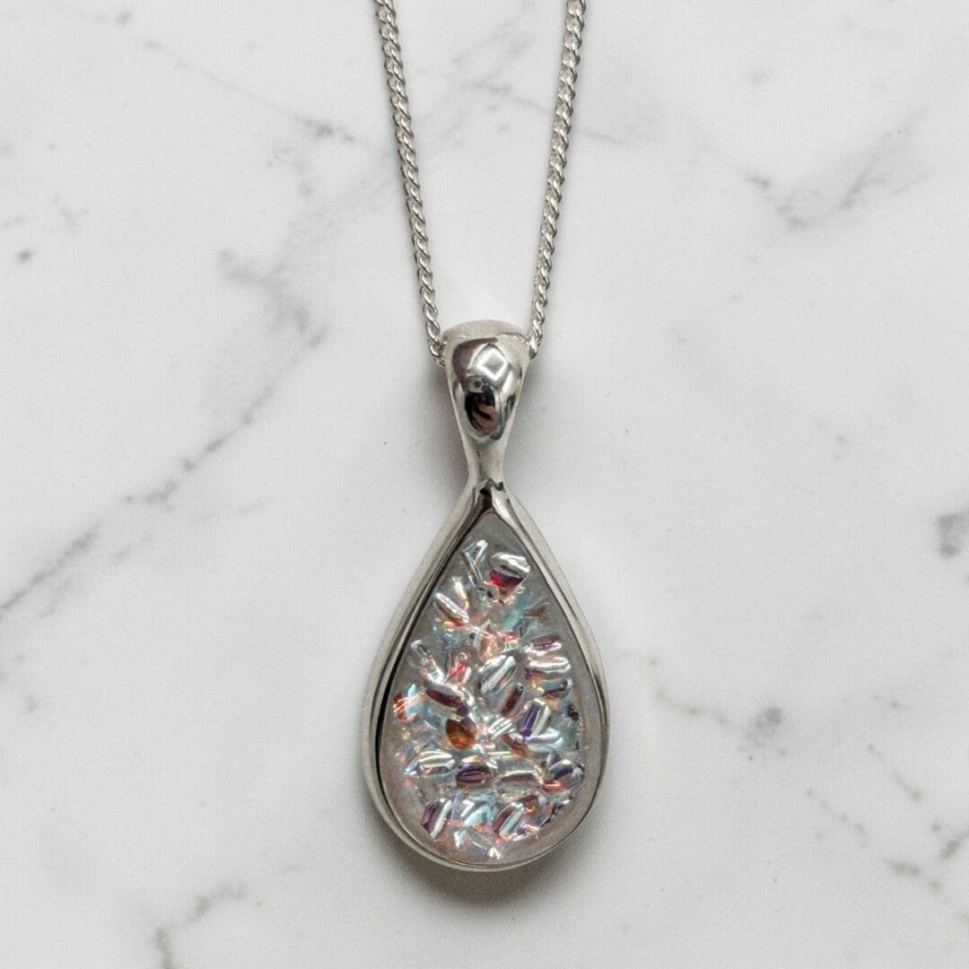 Sterling Silver Teardrop Pendant Necklace with Iridescent Crystal Resin - Image 2