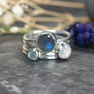 Labradorite Moonstone and Aqua Marine Sterling Silver stacking rings