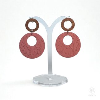 Gaia | Soft Terracotta Embossed Botanical Hoop Earrings with Wooden Studs