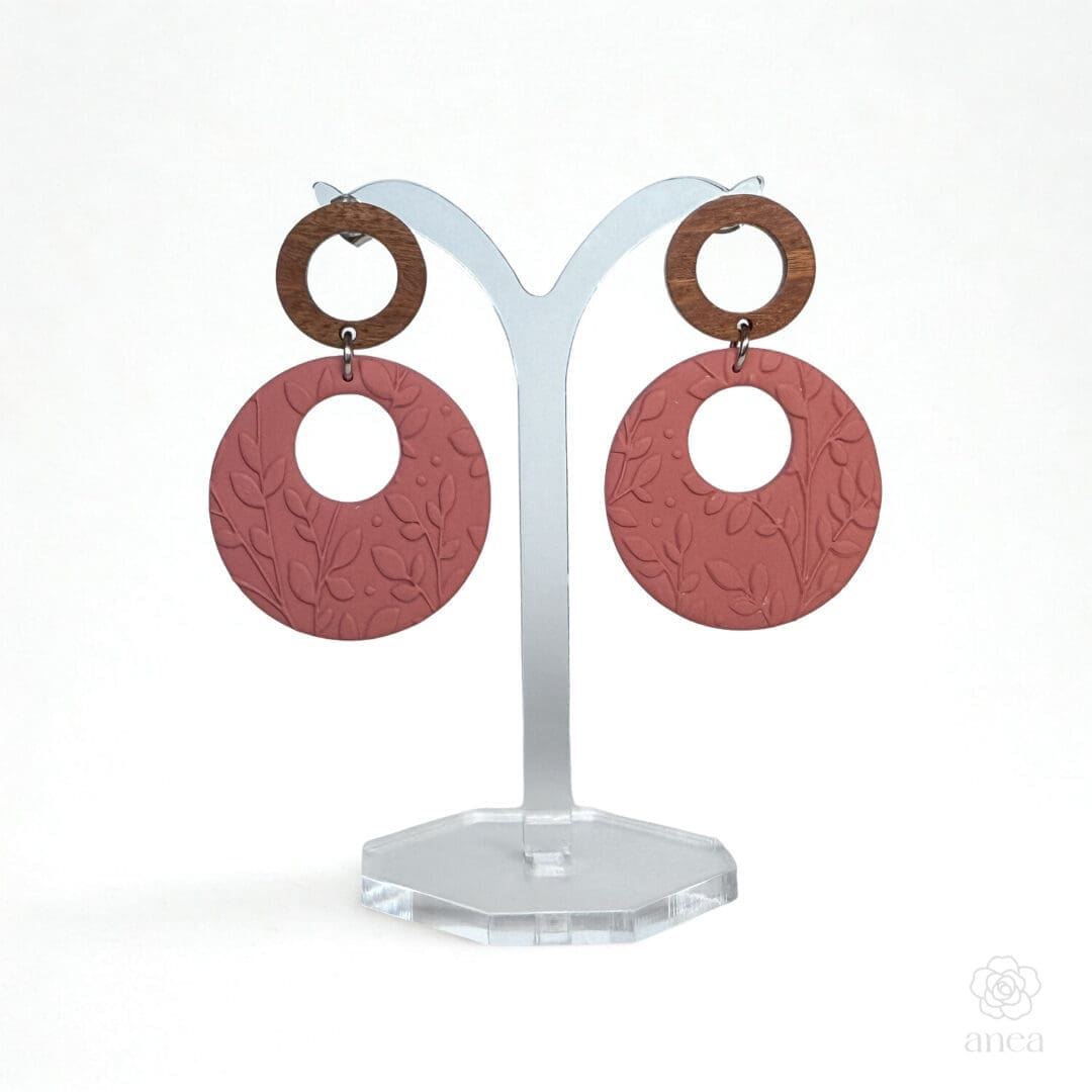 Gaia | Soft Terracotta Embossed Botanical Hoop Earrings with Wooden Studs