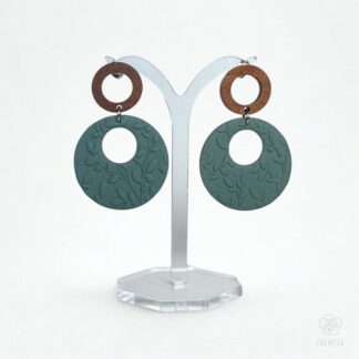 Gaia | Storm Green Embossed Botanical Hoop Earrings with Wooden Studs