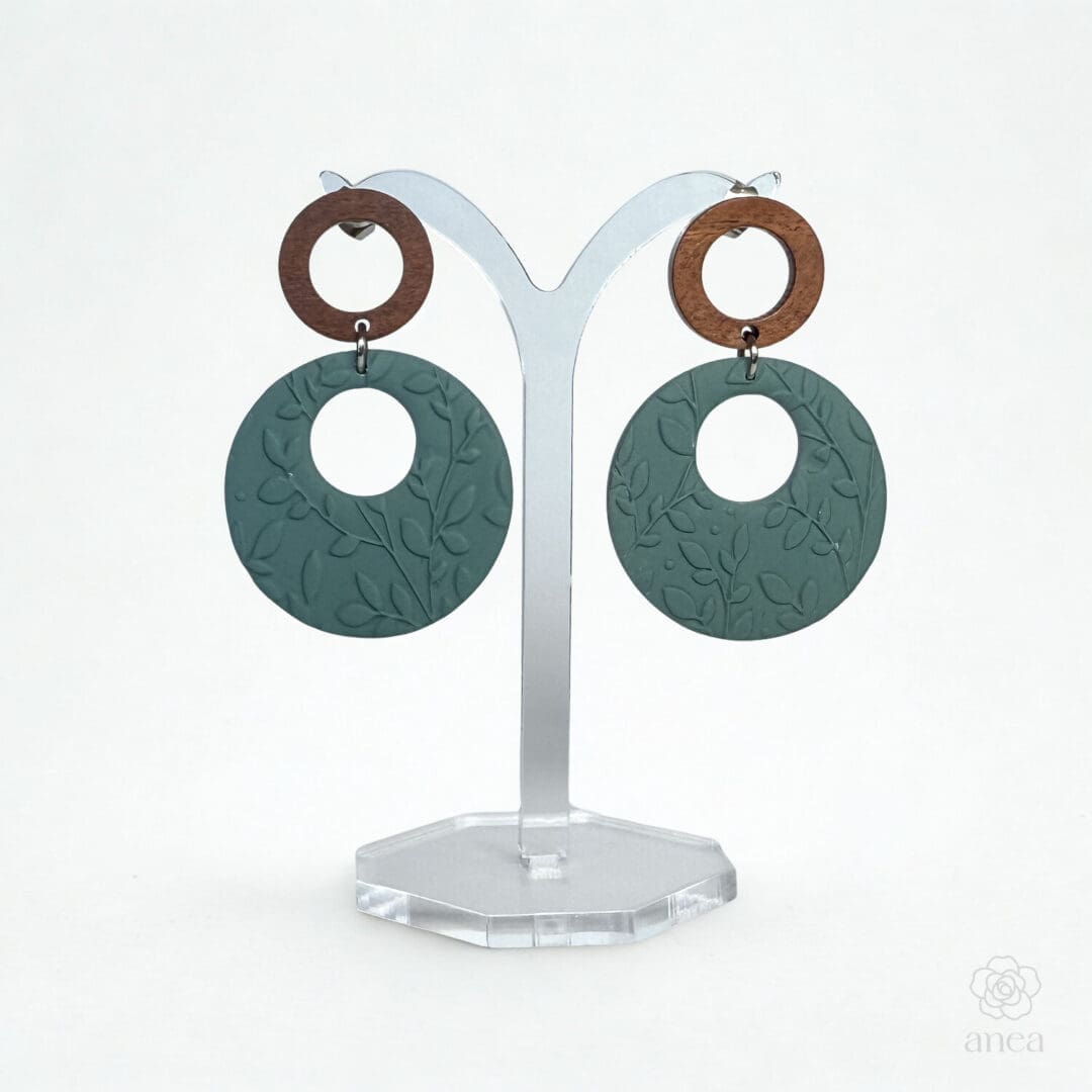 Gaia | Storm Green Embossed Botanical Hoop Earrings with Wooden Studs