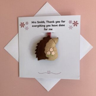 Hedgehog keyring attached to a hank you teacher card