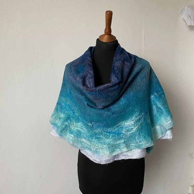 Handmade Felt Shawl Ocean-Aqua Merino Wool "Double Wave" - Image 5