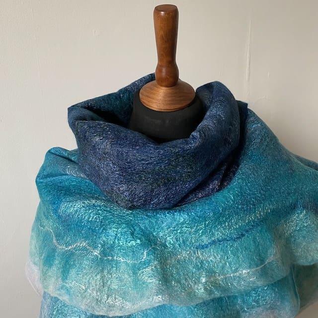 Handmade Felt Shawl Ocean-Aqua Merino Wool "Double Wave" - Image 4
