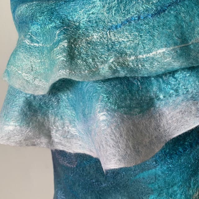 Handmade Felt Shawl Ocean-Aqua Merino Wool "Double Wave" - Image 3