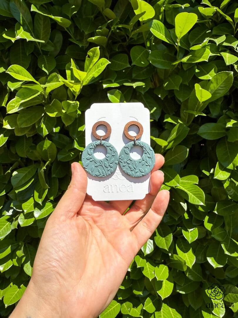 Gaia | Storm Green Embossed Botanical Hoop Earrings with Wooden Studs - Image 2