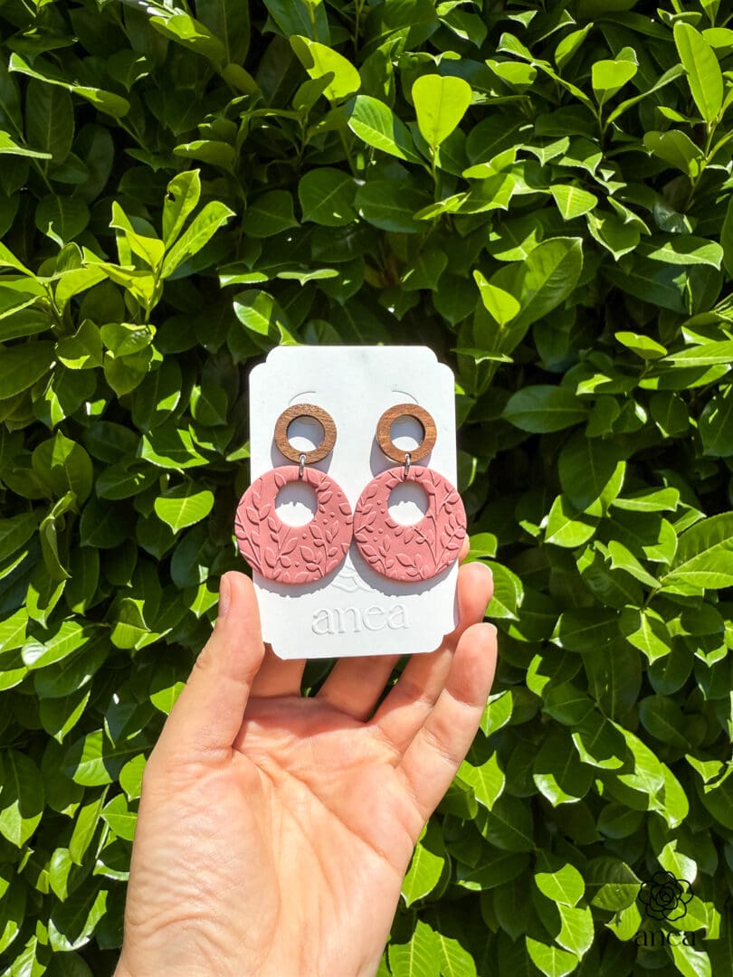 Gaia | Soft Terracotta Embossed Botanical Hoop Earrings with Wooden Studs - Image 2