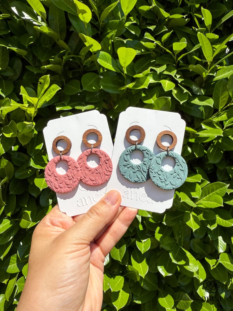 Gaia | Soft Terracotta Embossed Botanical Hoop Earrings with Wooden Studs - Image 3