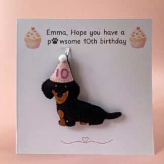 Personalised Sausage Dog Birthday card with handmade felt sausage dog birthday decoration