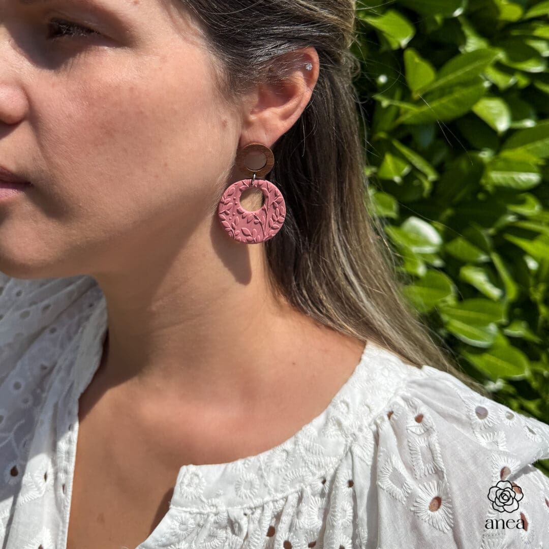 Gaia | Soft Terracotta Embossed Botanical Hoop Earrings with Wooden Studs - Image 4