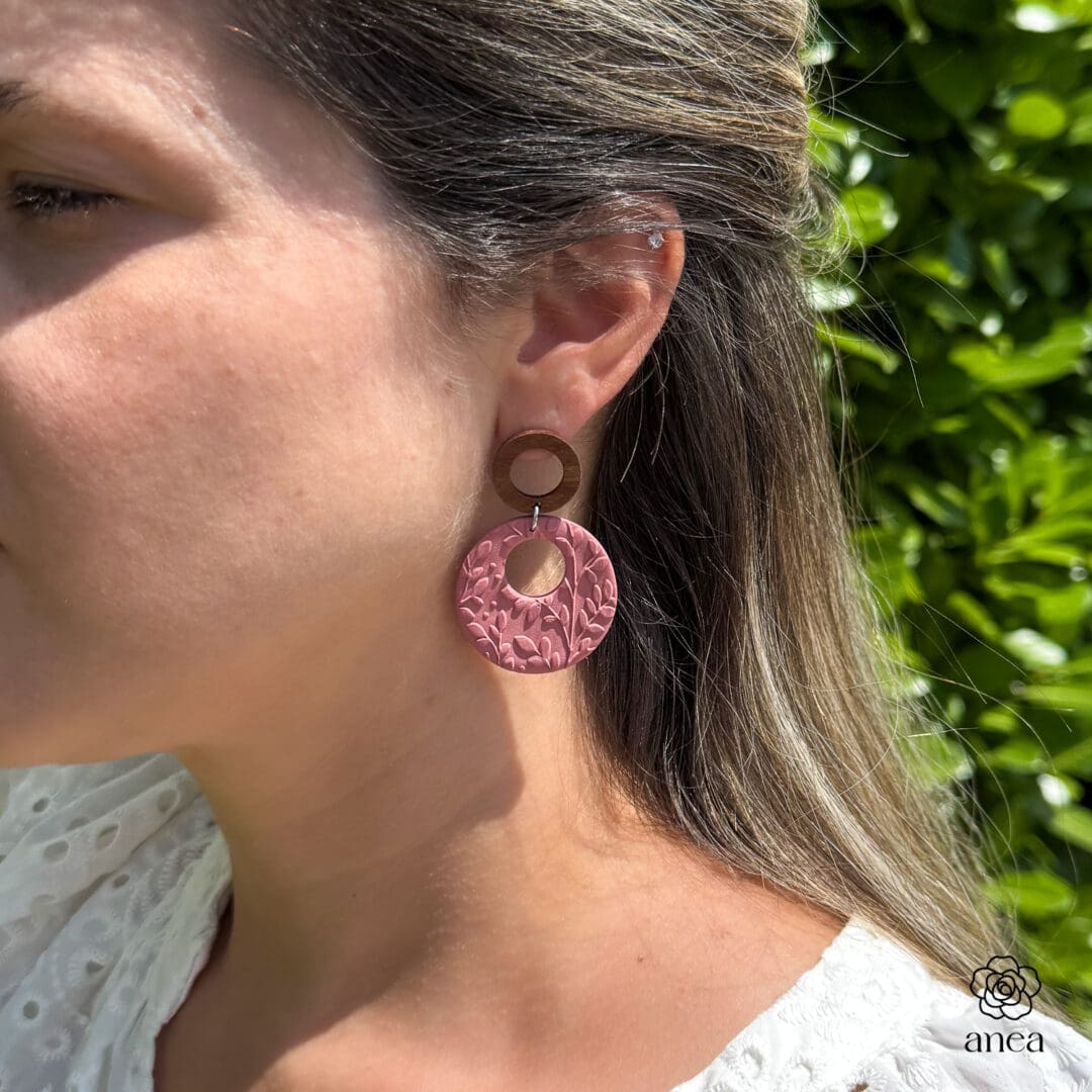 Gaia | Soft Terracotta Embossed Botanical Hoop Earrings with Wooden Studs - Image 5