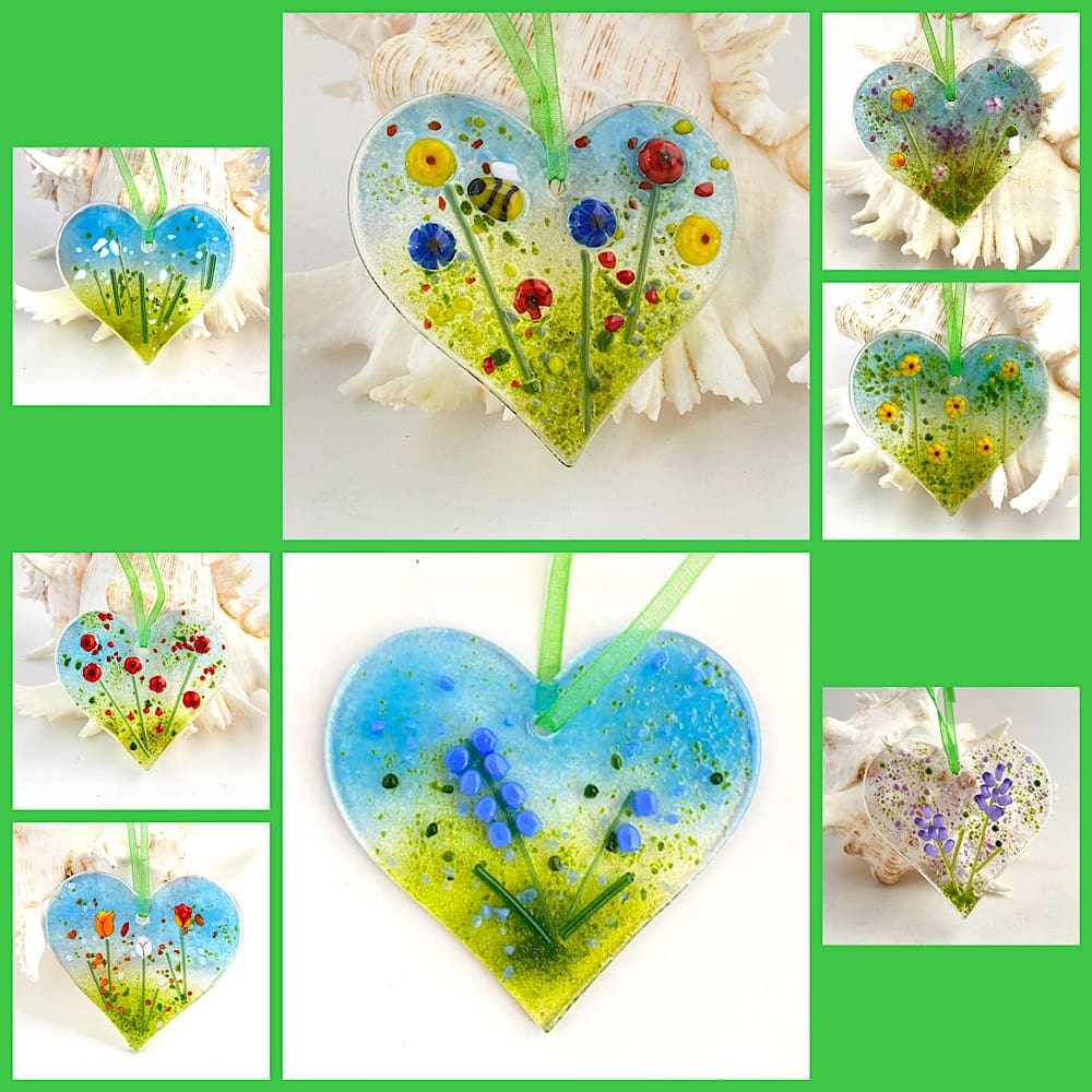 Fused glass hearts with various flower designs