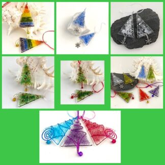 Fused glass tree decorations in various colours