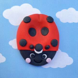 A cartoon ladybird worry stone made of polymer clay with black spots on its red body and a smiling black face with pink cheeks, set against a blue sky with white clouds.
