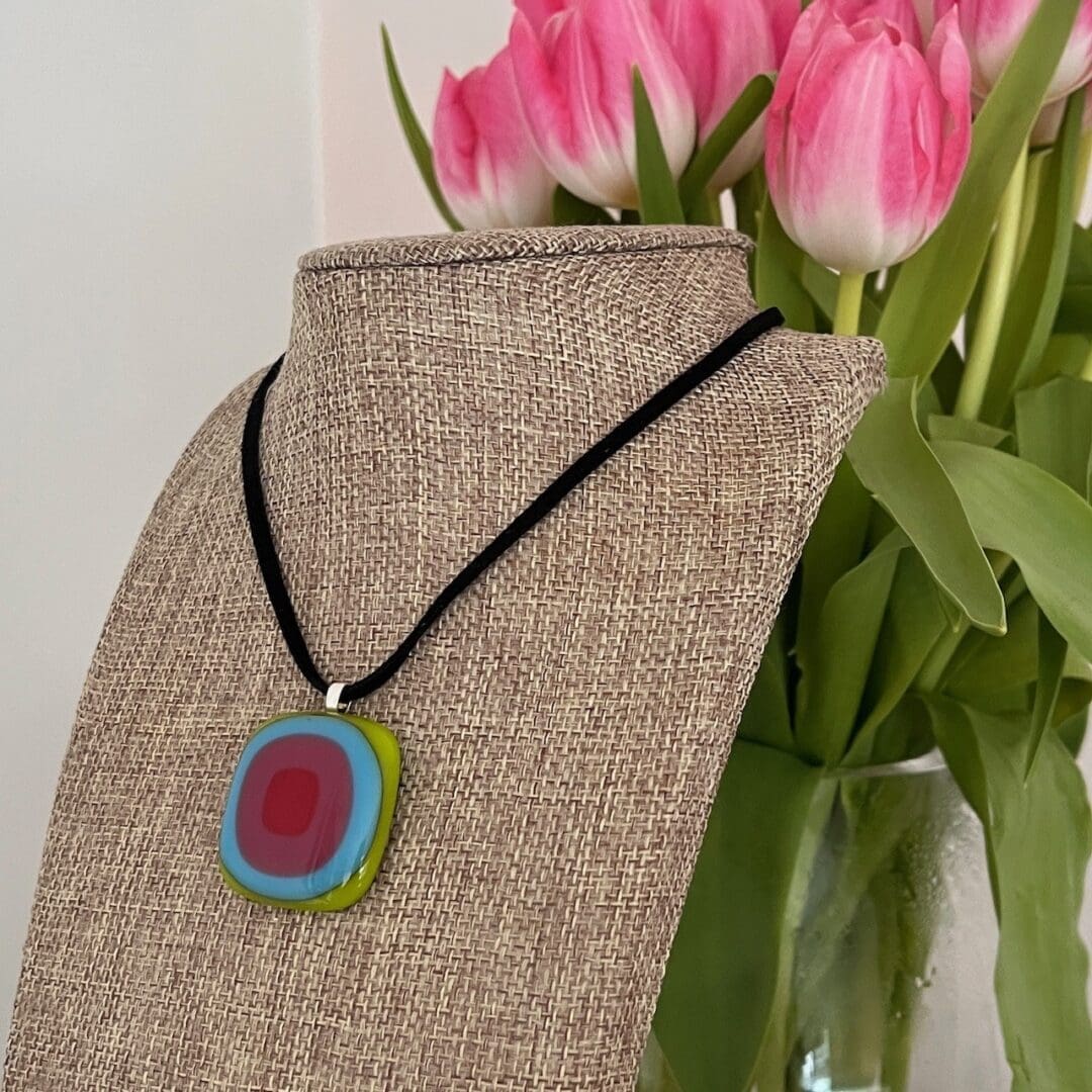 Large chunky fused glass pendant in bright square colours