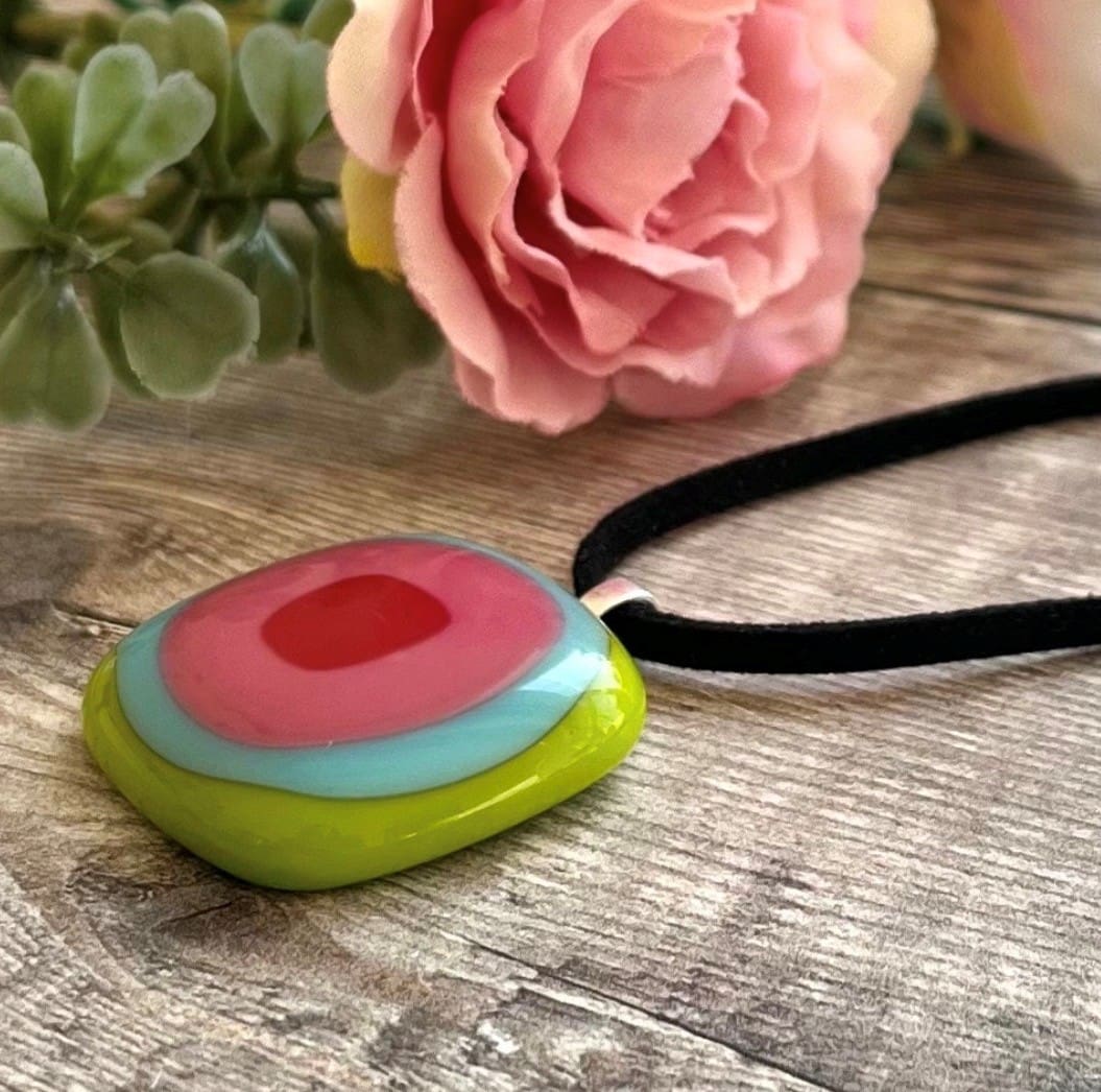 Bright Multicoloured Chunky Pendant - Rainbow Fused Glass Necklace - Image 6