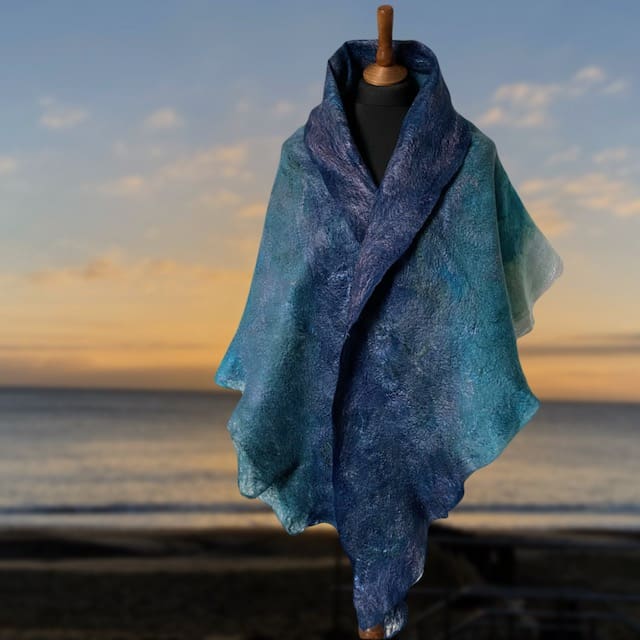Handmade Felt Shawl Ocean-Aqua Merino Wool "Double Wave" - Image 2