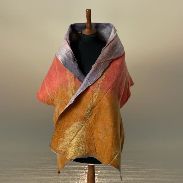 Grey Orange Handmade Felt Shawl with Shibori Details Reversible - Image 4