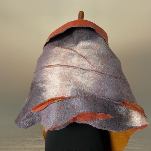 Grey Orange Handmade Felt Shawl with Shibori Details Reversible - Image 2