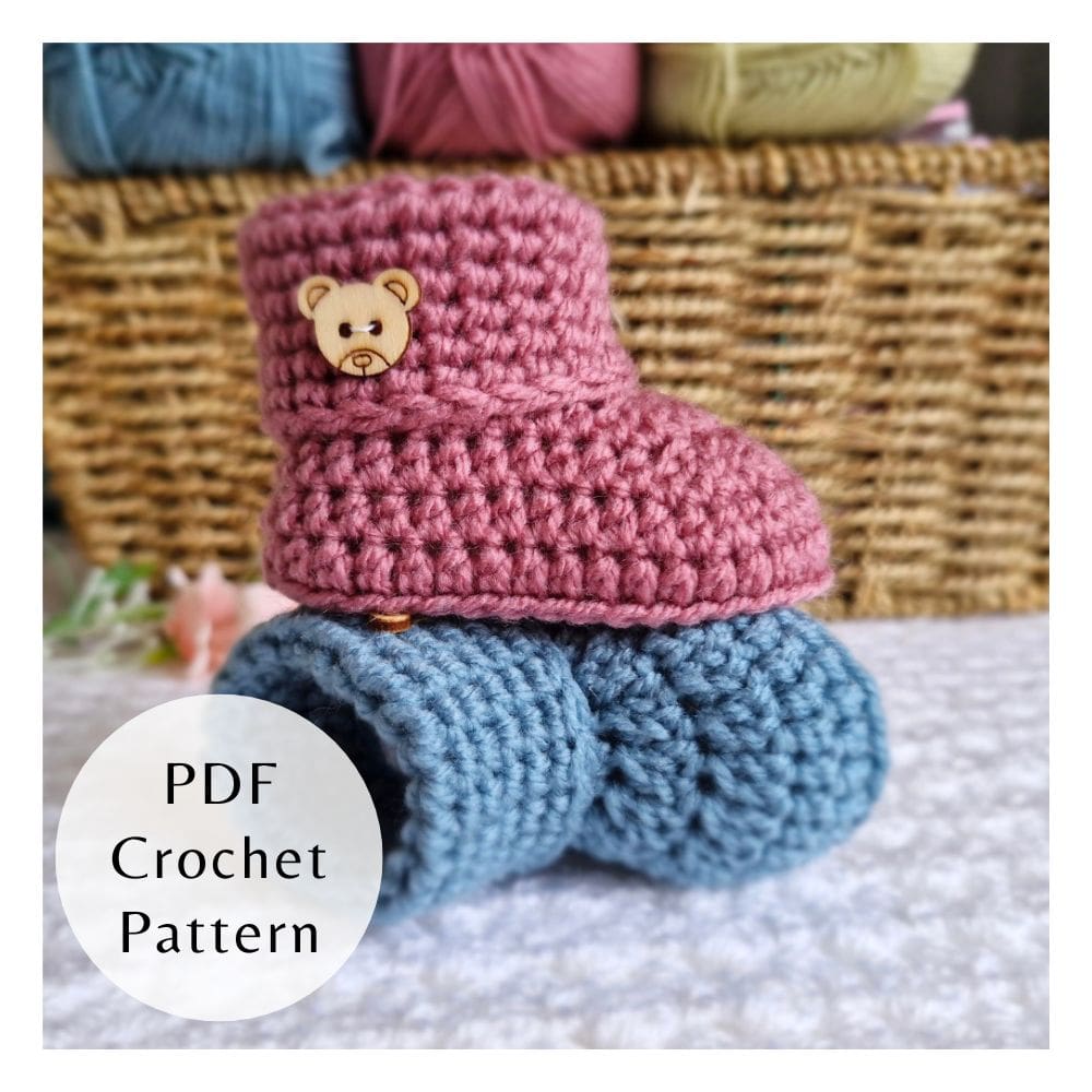 A digital PDF crochet pattern for baby button booties displayed in pink and blue with wooden buttons.