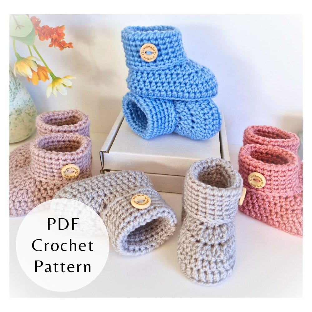 A digital PDF crochet pattern for baby button booties displayed in various colours.