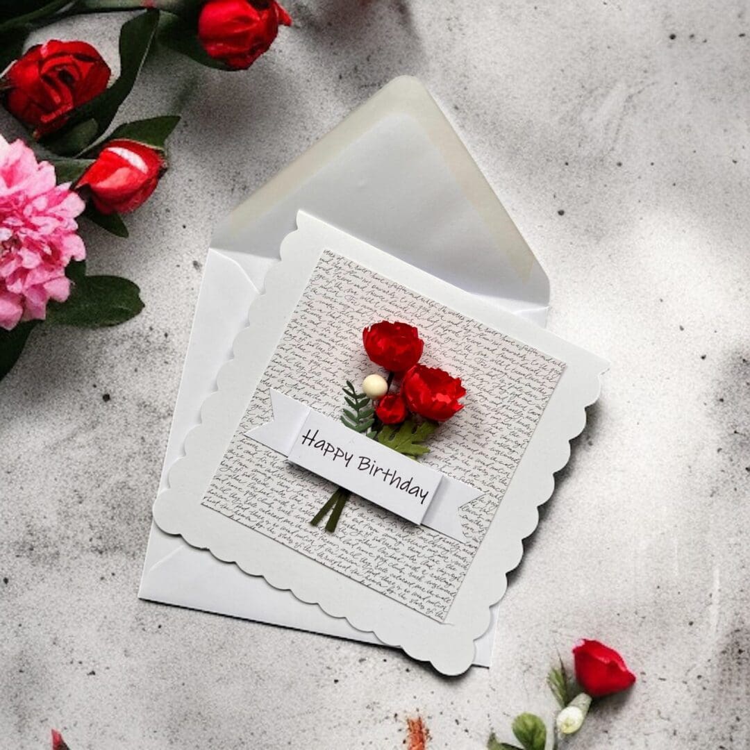 Handmade Floral Happy Birthday Card – Elegant Peonies Greeting Card with Envelope – Luxury Handmade Birthday Card - Image 3
