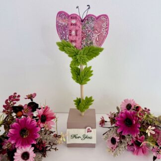 Pink fabric butterfly flower freestanding decoration for shelf, mantel display