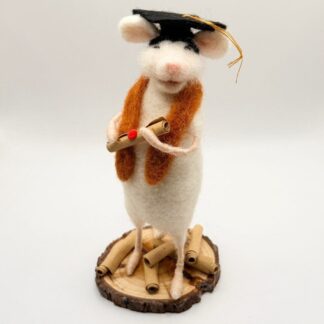 Needle felt white mouse graduate from university hold scroll wearing mortar board and sash