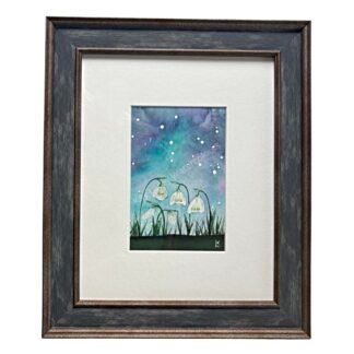 Small watercolour painting of Snowdrops and Aurora sky in turquoise and purple